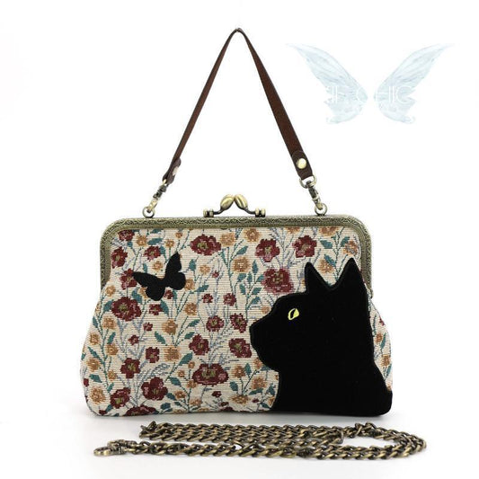 Black Cat Cottagecore Kisslock Purse